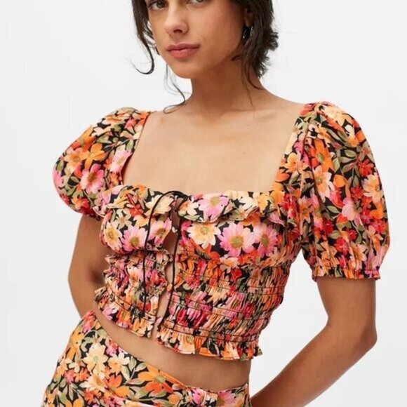 For Love and Lemons Sylvie Puff Sleeve Crop Top XS Orange Pink Floral Smocked - Picture 1 of 7